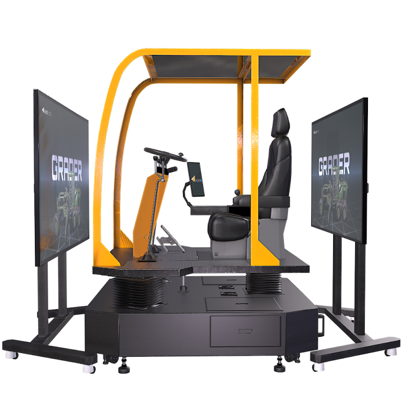 그레이더 시뮬레이터 – 도로 정지작업과 경사면 평탄화 훈련용 교육 장비, 앞뒤 대형 모니터로 다각도 시야 확보, 터치모니터로 간편 조작, 탄소배출 없는 친환경 실내 훈련 시스템