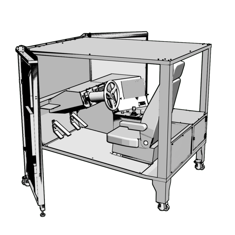 트랜스포터 시뮬레이터 – 실물과 동일한 하드웨어 기반 교육 장비, 3대 전면 모니터로 좌우 시야 확보, 안전한 실내 훈련과 친환경 운영 가능>
